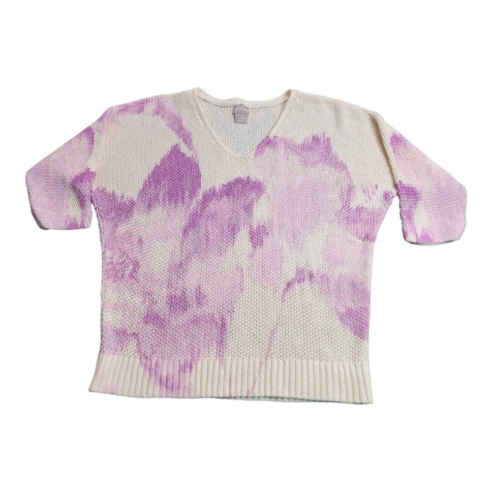 NWOT Women CHICO’S PRINTED V-NECK TAPE YARN PULLOVER SWEATER Top Lilac White MED